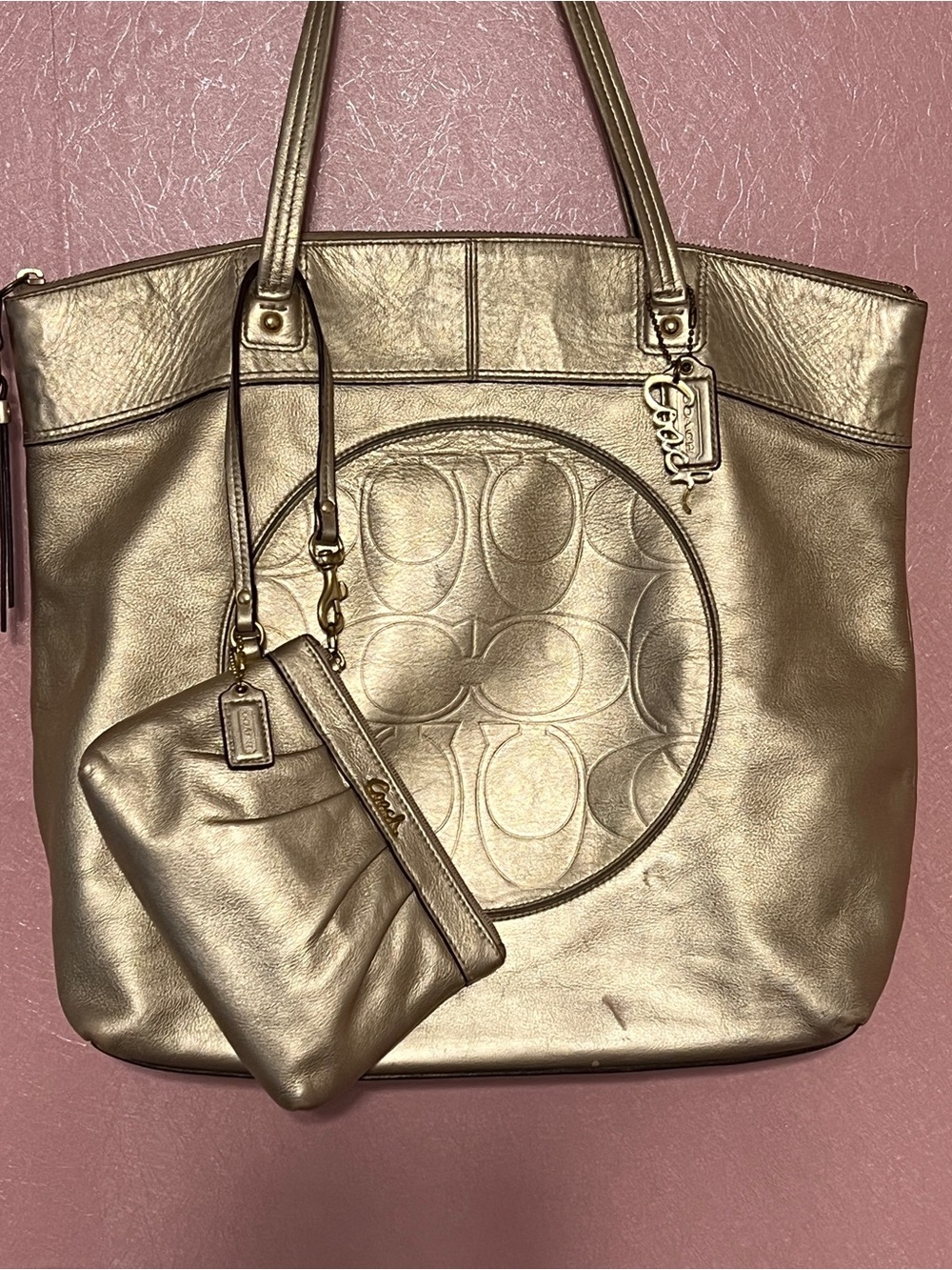Coach Laura Metallic Gold Leather Tote with Matching Wristlet